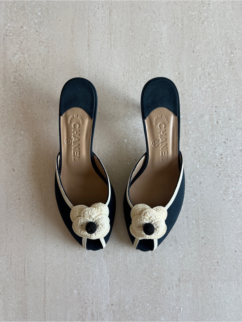 CHANEL Navy and Cream Camellia Kitten Heel Mules